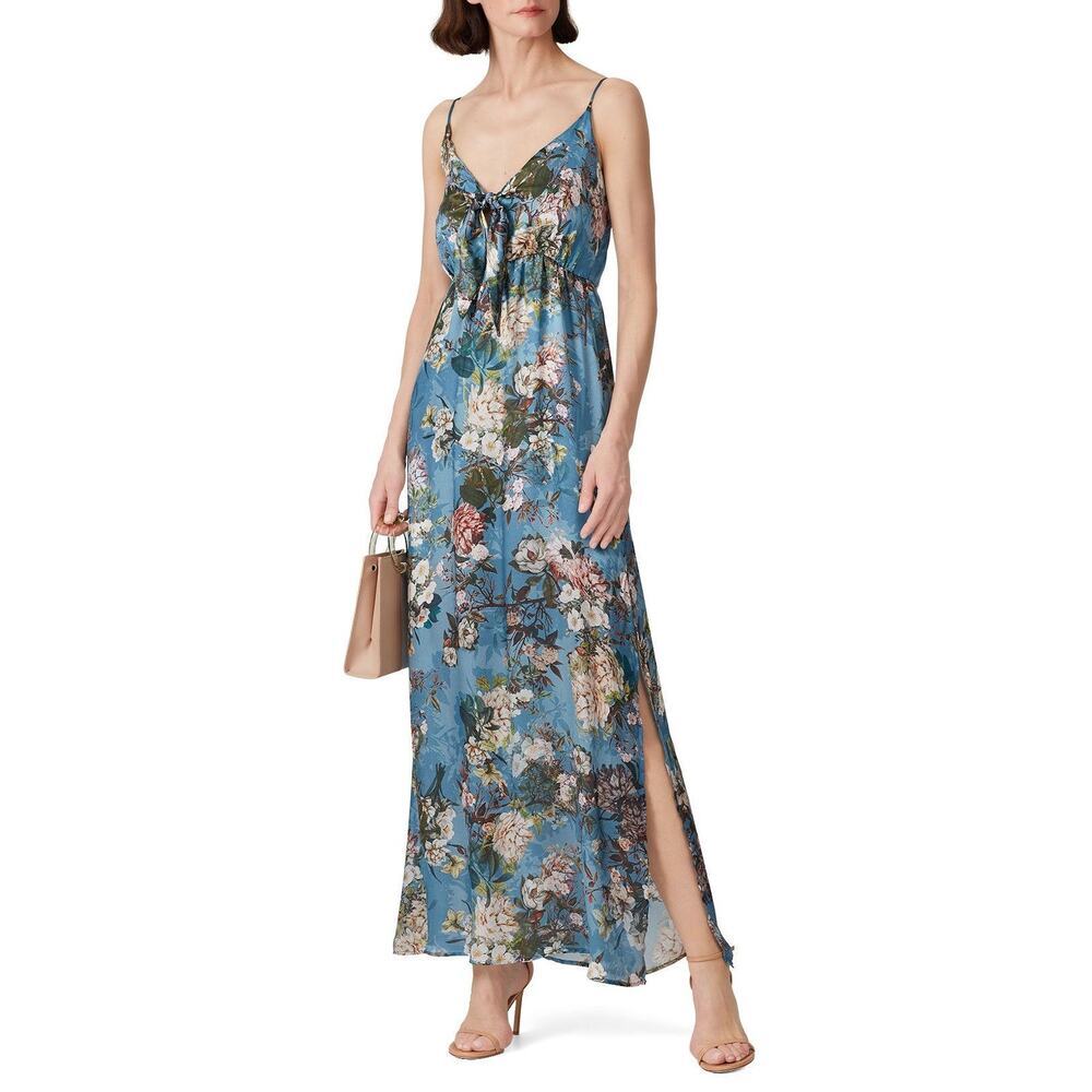 LOUNA Blue Floral Printed Tie Front Waist Mid Slit Maxi Tropical Dress Size S